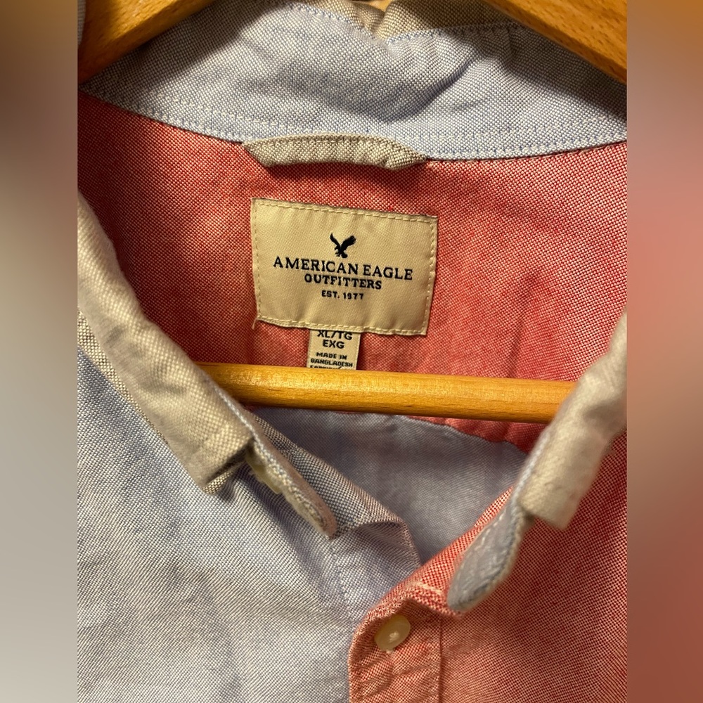 American Eagle men’s short sleeve color block Oxford shirt XL blue